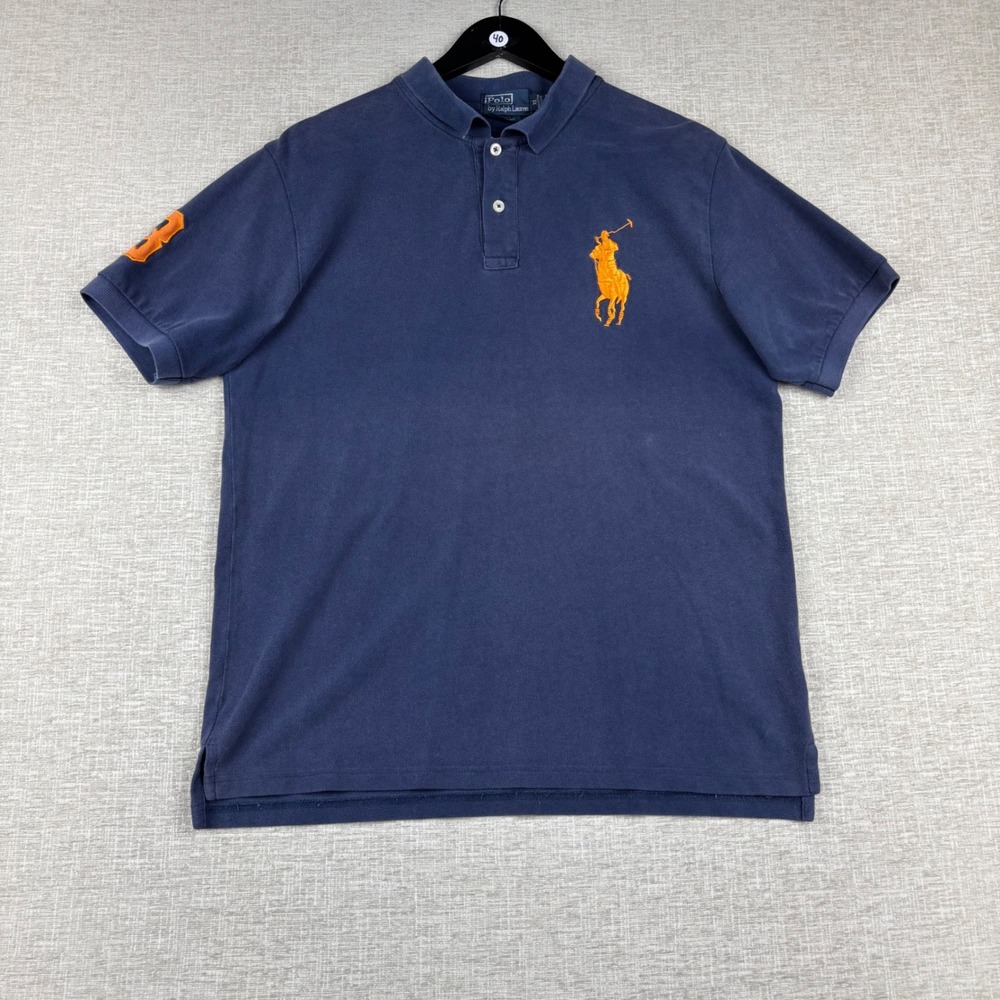 Polo Ralph Lauren Big Pony Polo Shirt Navy Blue Orange Custom Fit Mens XL